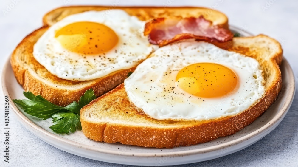 Sunny-Side-Up Breakfast: An appetizing image of sunny-side-up eggs, accompanied by crispy bacon and toast, presented on a plate, embodying the perfect start to the day. Sunny-Side-Up Breakfast: An appetizing image of sunny-side-up eggs, accompanied by crispy bacon and toast, presented on a plate, embodying the perfect start to the day.