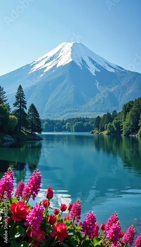 Mount Fuji towering over serene lake with vibrant flowers and lush trees, Mount Fuji,  destination