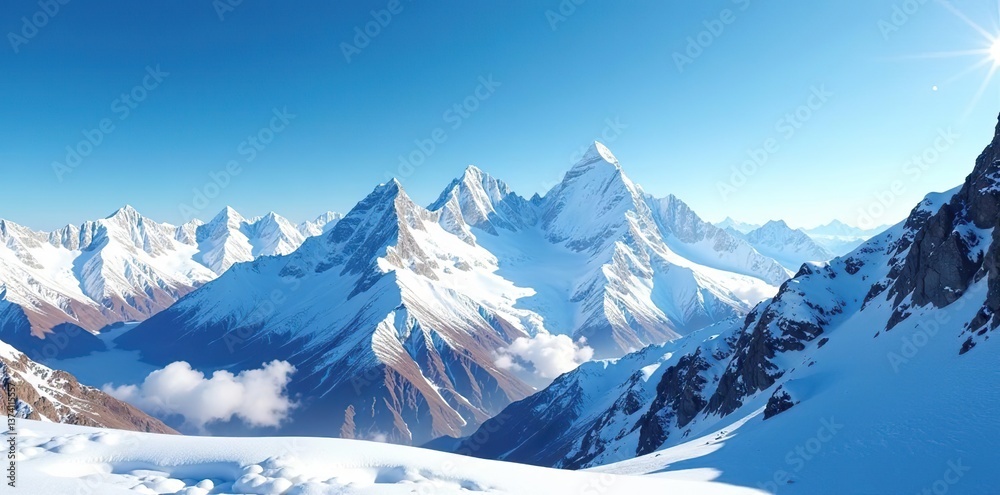 Panoramic view of the snow-capped peaks of the majestic Himalayas with clear blue skies, snow-capped, landscape Panoramic view of the snow-capped peaks of the majestic Himalayas with clear blue skies, snow-capped, landscape