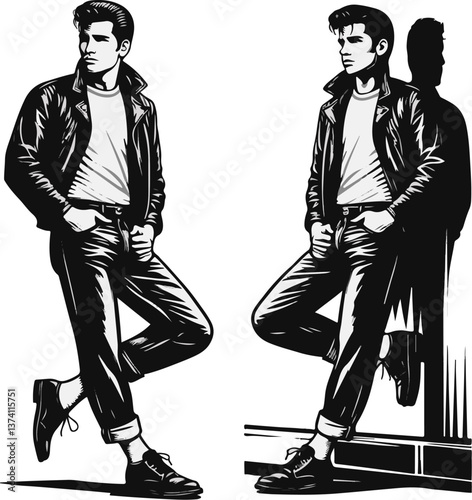 A black and white illustration depicts two young men in a 1950s greaser style with leather jackets, t-shirts, cuffed jeans, and dress shoes, leaning casually.