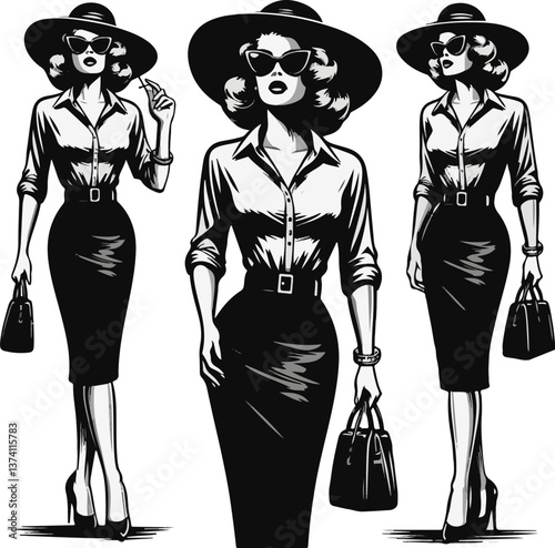 A black and white illustration showcases three stylish women in hats, sunglasses, blouses, and pencil skirts, each holding a handbag.