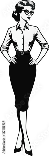 A black and white illustration depicts a confident woman in a button-down shirt, belted pencil skirt, and glasses, with her hands on her hips.