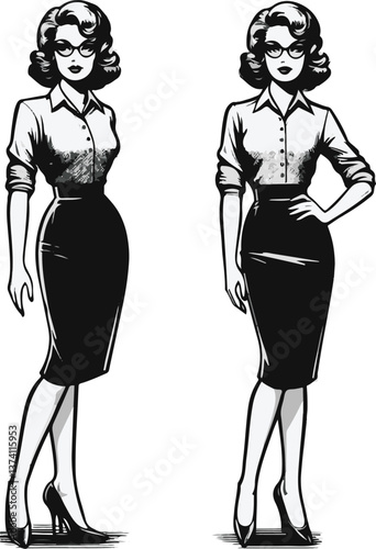 A black and white illustration presents two views of a stylish woman in a button-down shirt, pencil skirt, and glasses.
