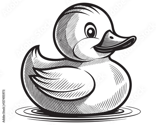 rubber duck bath woodcut engraving vector illustration
