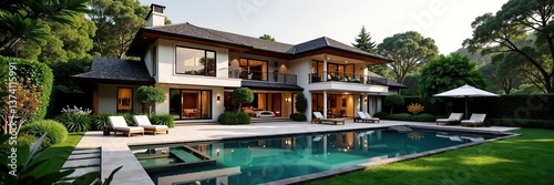 Luxurious mansion exterior with stunning backyard landscaping, including pool, water features, and lush gardens,  house,  mansion