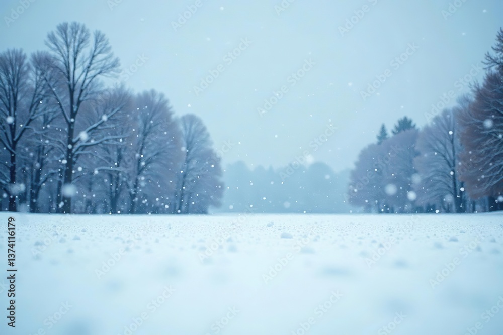 Fototapeta premium Snow gently falling on a serene and untouched winter landscape, covering the field in a blanket of white, untouched, winter
