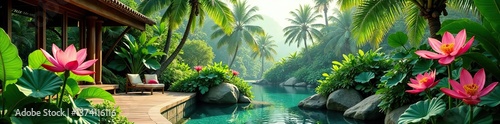 Luxurious tropical garden with lush vegetation and exotic flowers, panoramic view of outdoor paradise,  garden, luxury