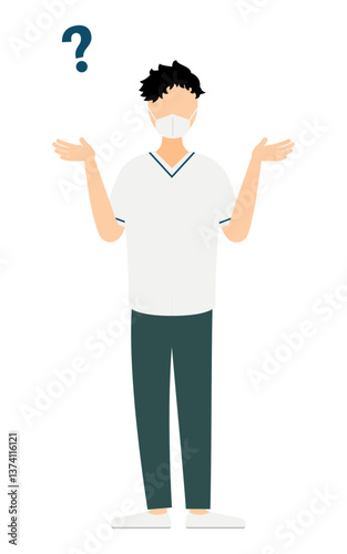 黒髪の男性看護師が疑問を持つシンプルなイラスト