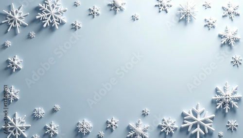 Snowflake layers in various shapes & sizes on gray to white gradient background,  winter,  background