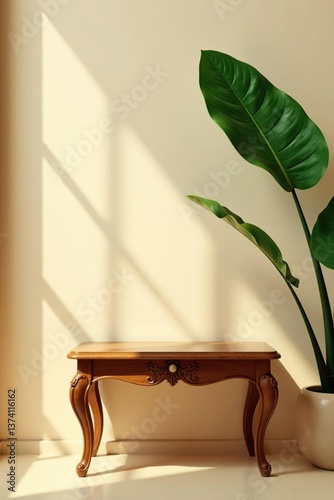 Luxurious wooden side table with tropical plant leaf, sunlight and shadow on beige wall for beauty and fashion product display background, wood,  side table