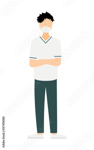 黒髪の男性看護師が腕組みしているシンプルなイラスト