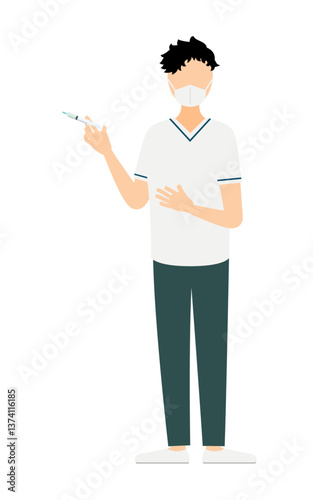 黒髪の男性看護師が注射するシンプルなイラスト