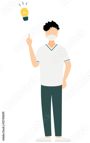黒髪の男性看護師がアイデアをひらめくシンプルなイラスト