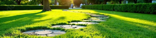 Pattern of Laterite stepping stones on a green lawn in public park, Ficus, shrub, trees in background, evening sunlight,  lawn,  background