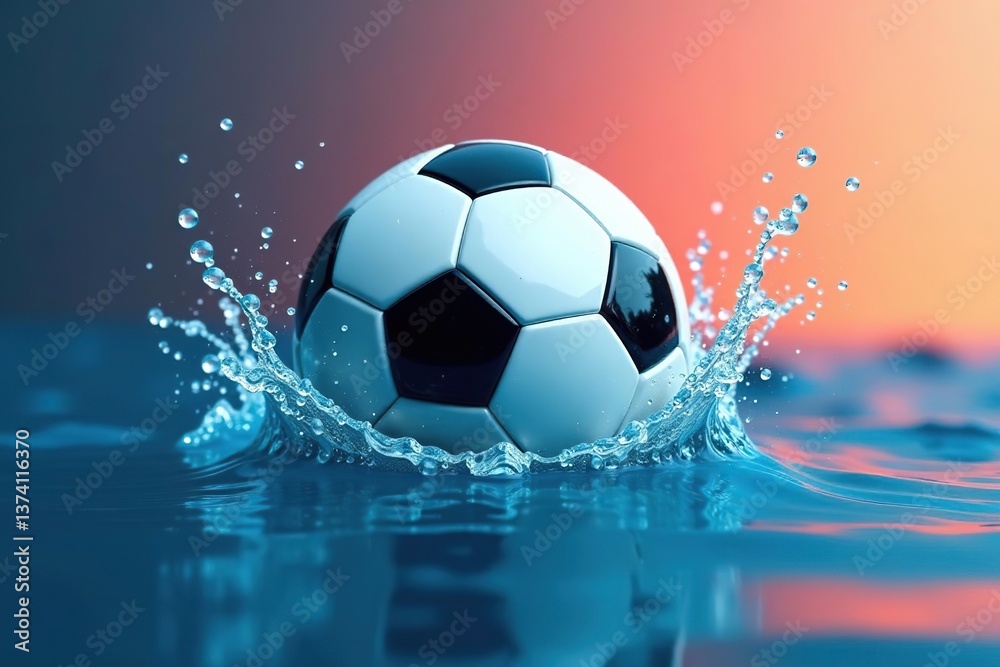 Obraz premium Soccer ball in blue water ripples with dynamic splash effects against vibrant fluid background, dynamic, excitement