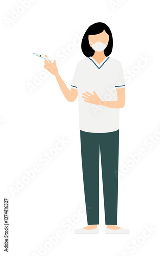 黒いボブヘアの女性看護師が注射するシンプルなイラスト