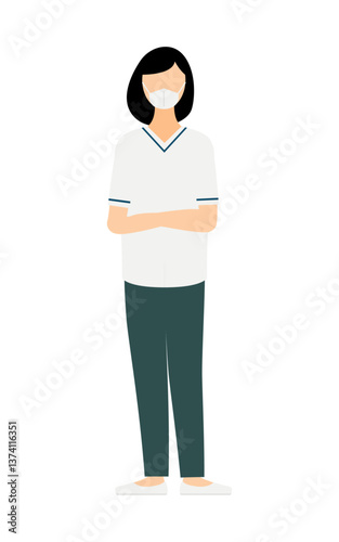 黒いボブヘアの女性看護師が腕組みしているシンプルなイラスト