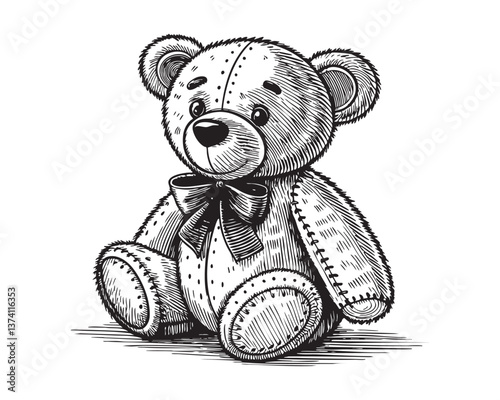 teddy bear woodcut engraving vector illustration