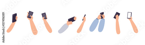 Hands holding smartphones, different poses. Digital addiction, human hand using smartphone. Scrolling social media, finding information, vector elements