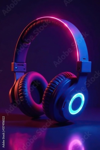 Neon glowing headphones on dark background with electro house music vibes, AI generated image, neon,  entertainment