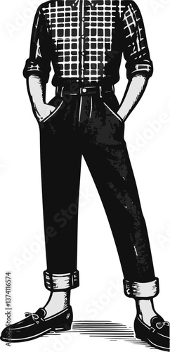 A black and white illustration shows a young man from the waist down, wearing a plaid shirt, cuffed pants, and loafers with his hands in his pockets.