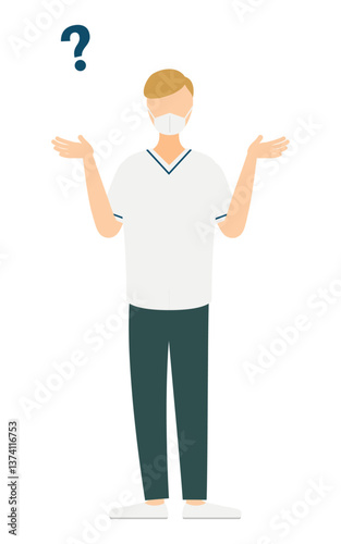 茶色い髪の男性看護師が疑問を持つシンプルなイラスト