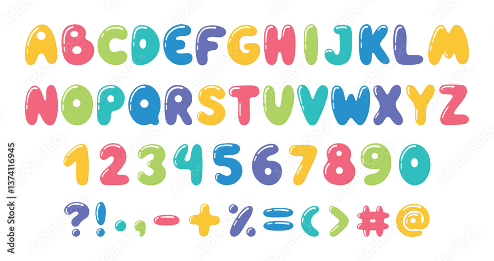 Balloon style letters. Bubble numbers, marks and letter. Isolated decorative font bright colors for cards ad banners posters design, neoteric vector set Balloon style letters. Bubble numbers, marks and letter. Isolated decorative font bright colors for cards ad banners posters design, neoteric vector set