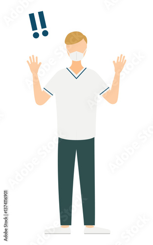 茶色い髪の男性看護師が手をあげて驚いているシンプルなイラスト