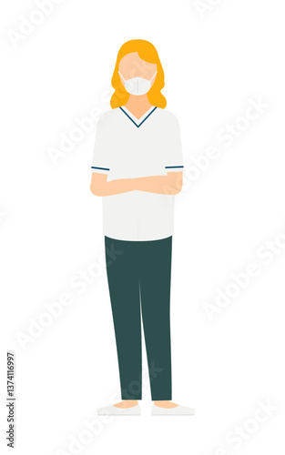 ブロンドの女性看護師が腕組みしているシンプルなイラスト