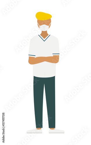 リーゼントの男性看護師が腕組みしているシンプルなイラスト