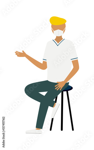 リーゼントの男性看護師が椅子に座りながら話しているシンプルなイラスト