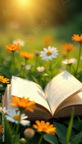 Open book with pages fluttering in the gentle breeze, surrounded by vibrant daisies under the warm sunlight, showcasing nature's beauty and tranquility,  beauty,  outdoor