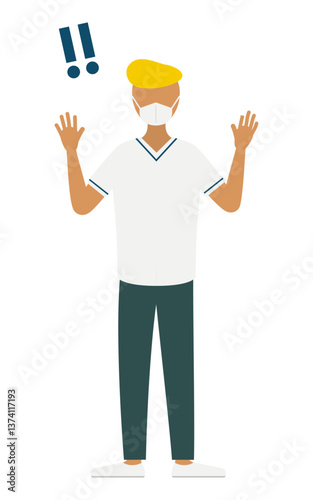 リーゼントの男性看護師が手をあげて驚いているシンプルなイラスト