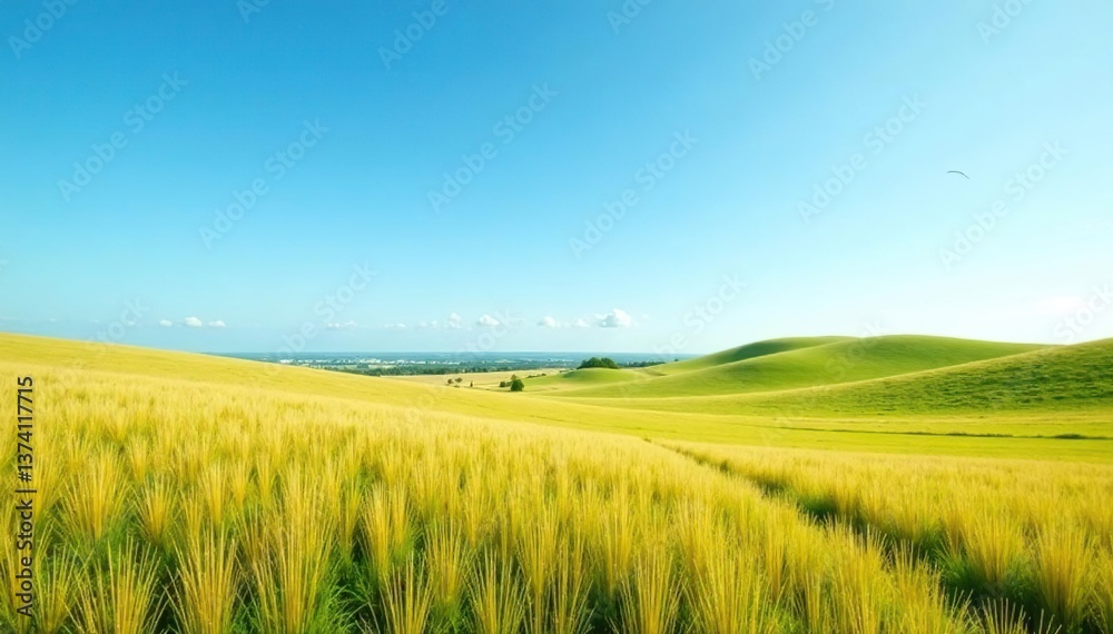 Obraz premium Vast open field with rolling hills and a bright blue sky, fields, desolate
