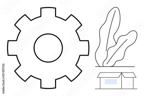 Gear outline near a house and leafy plant sketches. Ideal for technology, sustainability, process, engineering, nature, eco-lifestyle, minimalism. Flat simple metaphor