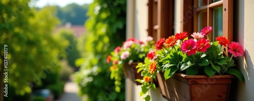 Overflowing balcony boxes filled with colorful flowers against a warm garden backdrop, balcony,  vibrant