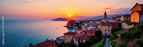 Vibrant cityscape of Polignano a Mare at sunset overlooking the Adriatic sea in Puglia, Italy,  colorful,  Puglia
