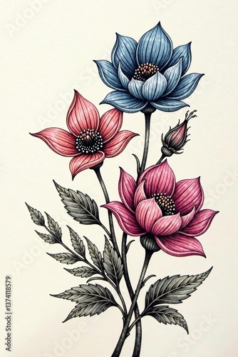 Tattoo style floral art collection in ink, charcoal, pencil, chalk, and crayon with abstract hand drawn trendy flowers vector illustration set,  plants,  floral