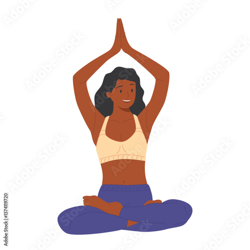 Black woman meditating lotus pose. Calm peaceful female, girl sitting in zen yoga position in peace.