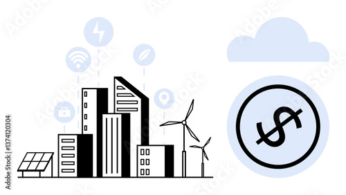 Urban skyline with wind turbines, solar panels, and tech symbols for energy, data, and location. Ideal for innovation, sustainability, digital transformation, tech ecology economy urbanization