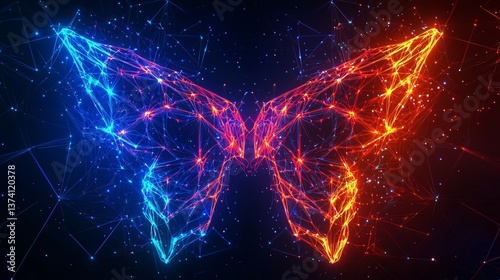 The image, a 3d rendering, presents a futuristic techology background with abstract glowing lines, including Sci Fy neon wave lines that light up a dark hall, creating reflections on the floor, and