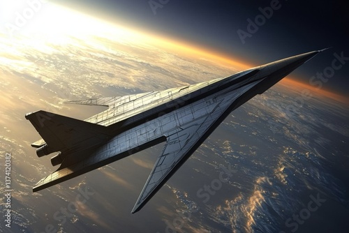 A modern fighter and combat flying ship are illustrated in a 3D realistic depiction, where a futuristic fighter bomber is flying through space, created using generative AI
