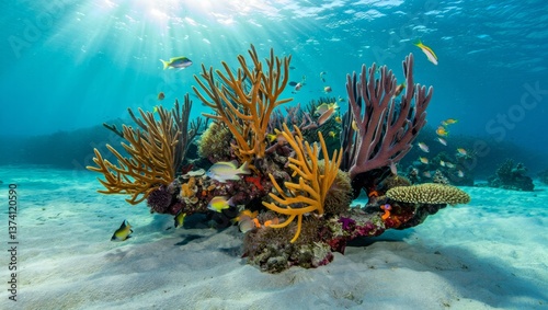 A vibrant coral reef teeming with colorful corals and diverse fish species, set against a backdrop of clear blue water with sunlight streaming through.
