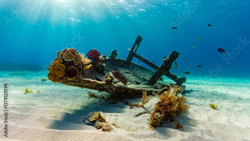 A vibrant underwater scene featuring a shipwreck covered in colorful coral and surrounded by small fish, set against a sandy seabed.