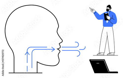 Profile head with arrows representing communication flow, person in blue shirt explaining next to open laptop. Ideal for communication, teaching, leadership, teamwork, training, instruction, flat