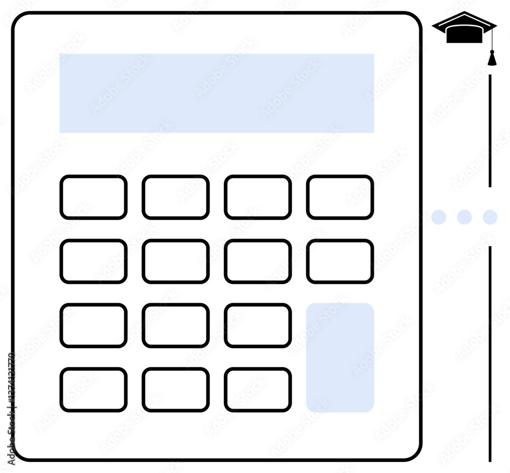 Calculator with defined keys and a graduation cap symbolizing education, financial planning, or cost of studying. Ideal for learning, finance, budgeting, academic success, planning, savings Calculator with defined keys and a graduation cap symbolizing education, financial planning, or cost of studying. Ideal for learning, finance, budgeting, academic success, planning, savings