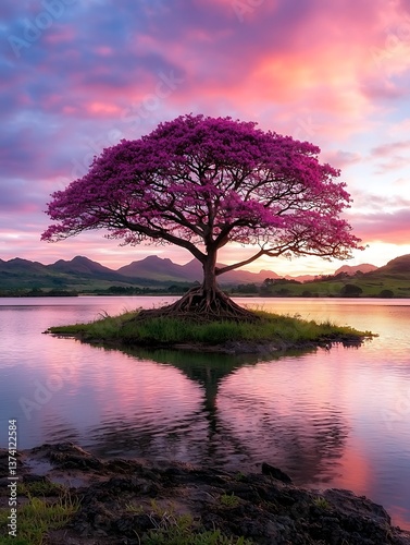 Pink tree sunset lake island. (1)