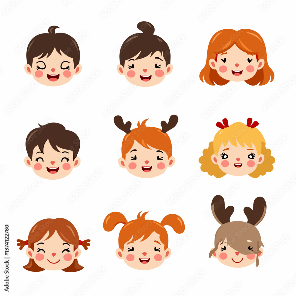 Collection of happy and cheerful children. Cute faces of different nationalities boys and girls. Vector illustration