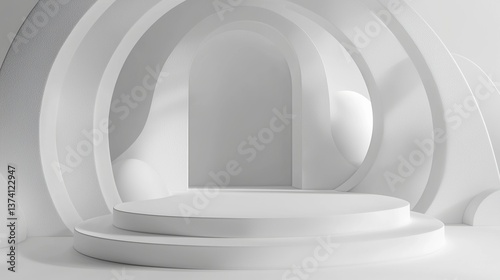 A futuristic, silver-colored podium with radiant neon lights, used for product presentations, is available as a stock image