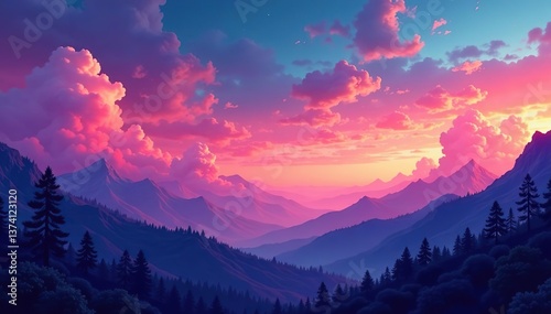 Vibrant and surreal landscape with colorful skies and mountains silhouette,  imagination,  nature
